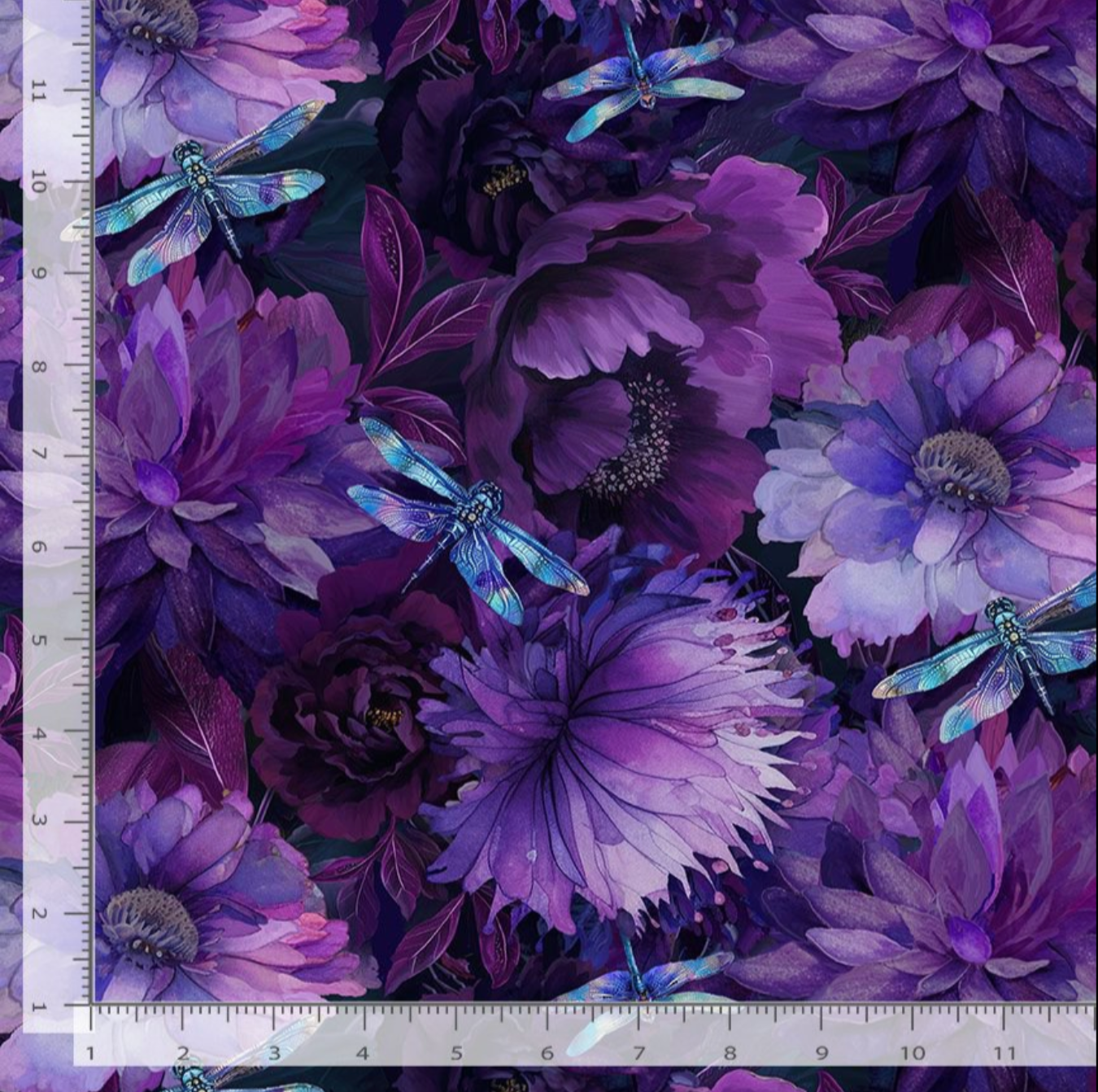 Purple floral wide quilt backing fabric with dragonflies and butterflies by Timeless Treasures