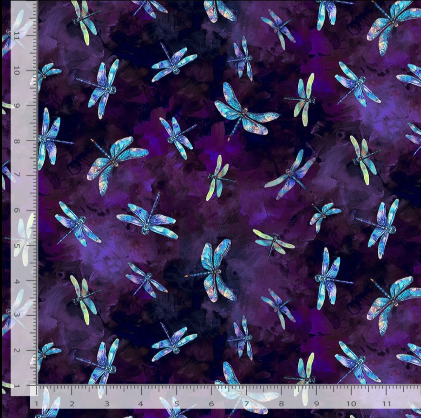 Flying dragonflies on rich purple watercolor texture cotton fabric by Timeless Treasures