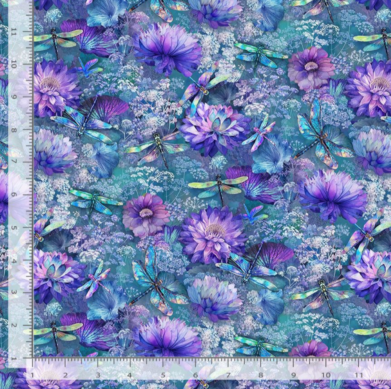 Purple floral and dragonfly watercolor style cotton fabric on teal background by Timeless Treasures