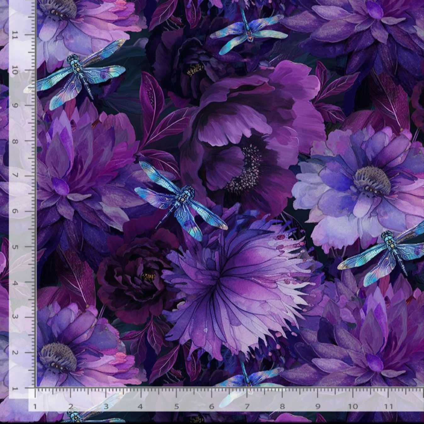 Purple watercolor floral fabric with shimmering dragonflies by Timeless Treasures