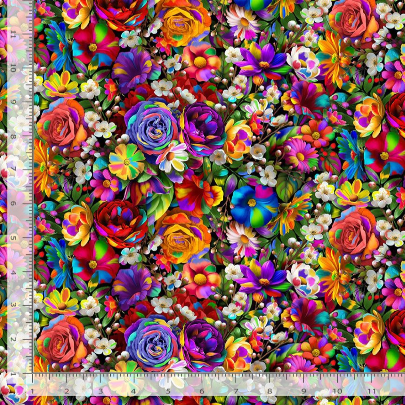 Bright rainbow floral digital print fabric with colorful flowers on black background by Timeless Treasures