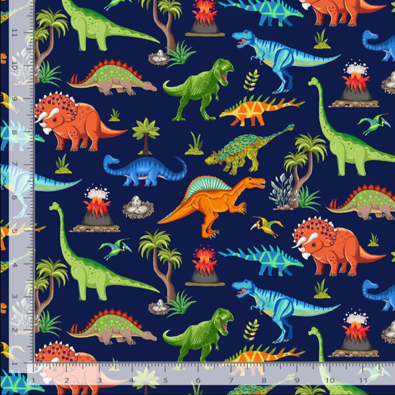 Colorful dinosaur scenic cotton fabric with volcanoes and palm trees on navy background by Timeless Treasures