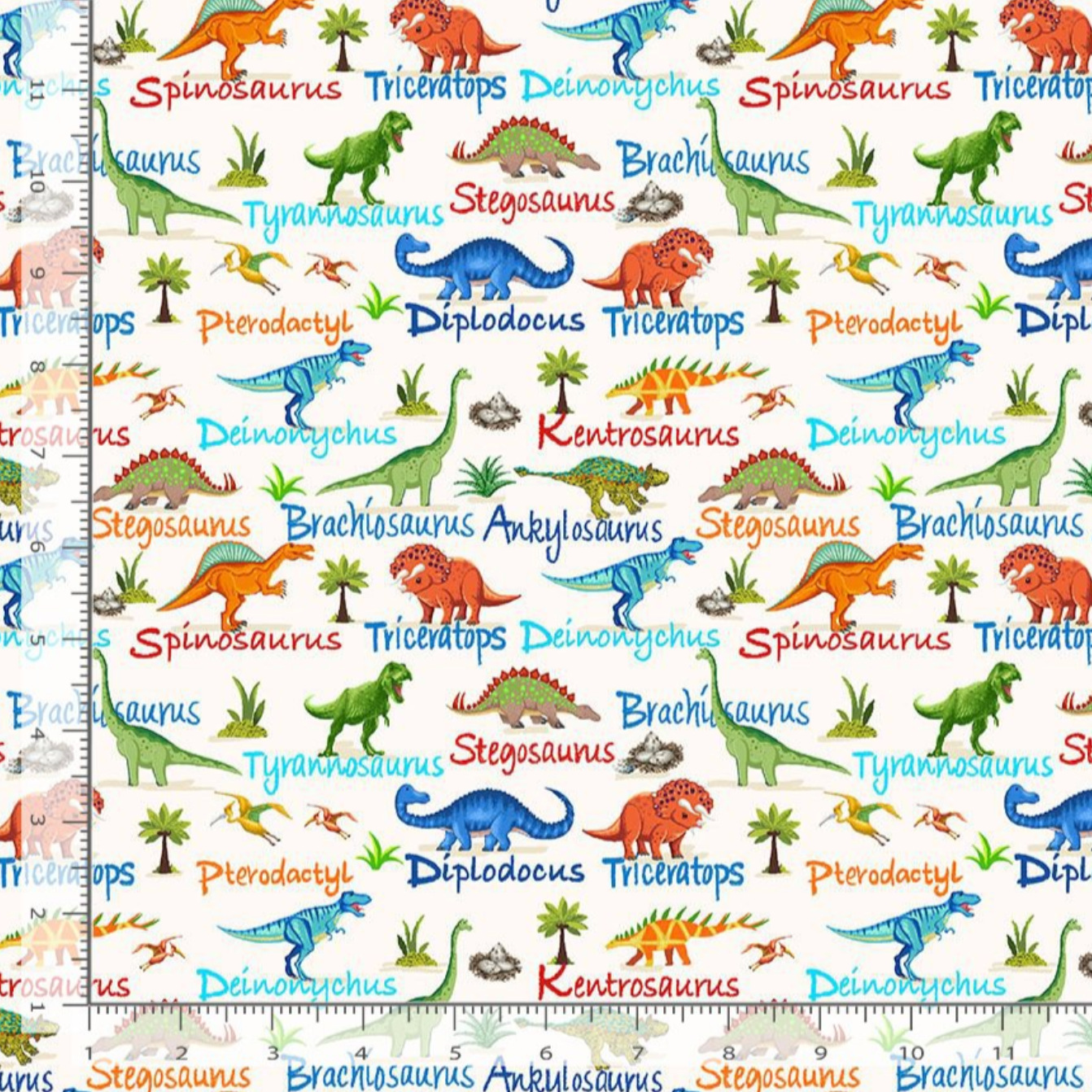 Colorful mini dinosaurs with dinosaur names on cream background digital print fabric by Timeless Treasures
