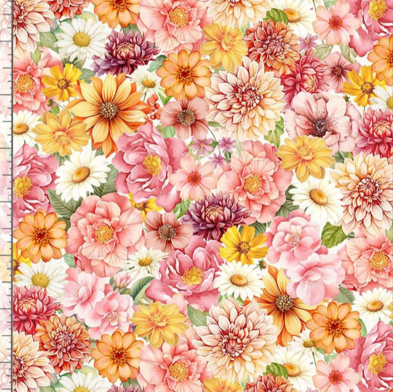 Packed floral cotton fabric with pink peach yellow and cream flowers by Timeless Treasures
