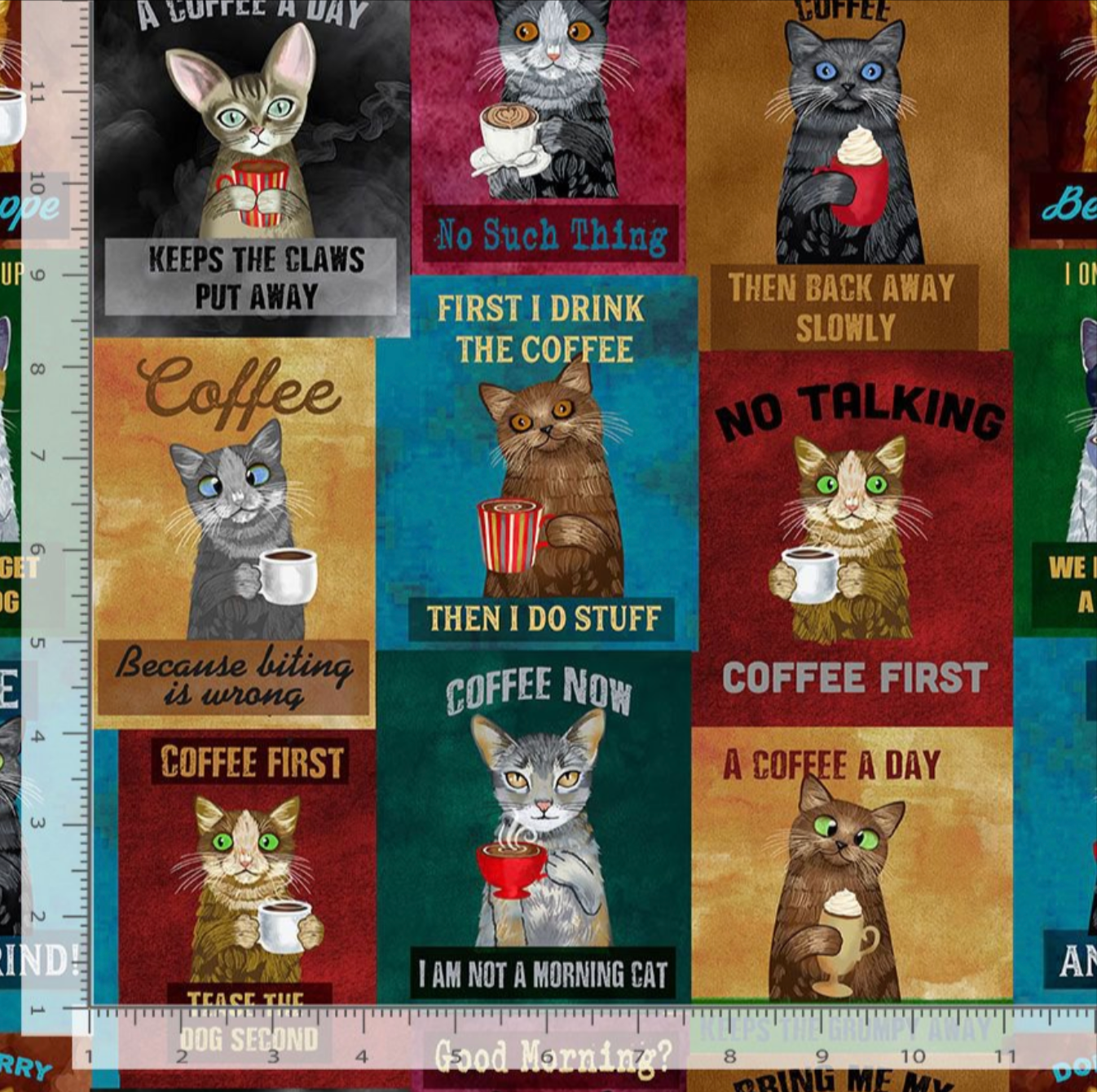 Funny coffee-loving cats with novelty sayings patchwork style cotton fabric by Gail Cadden for Timeless Treasures