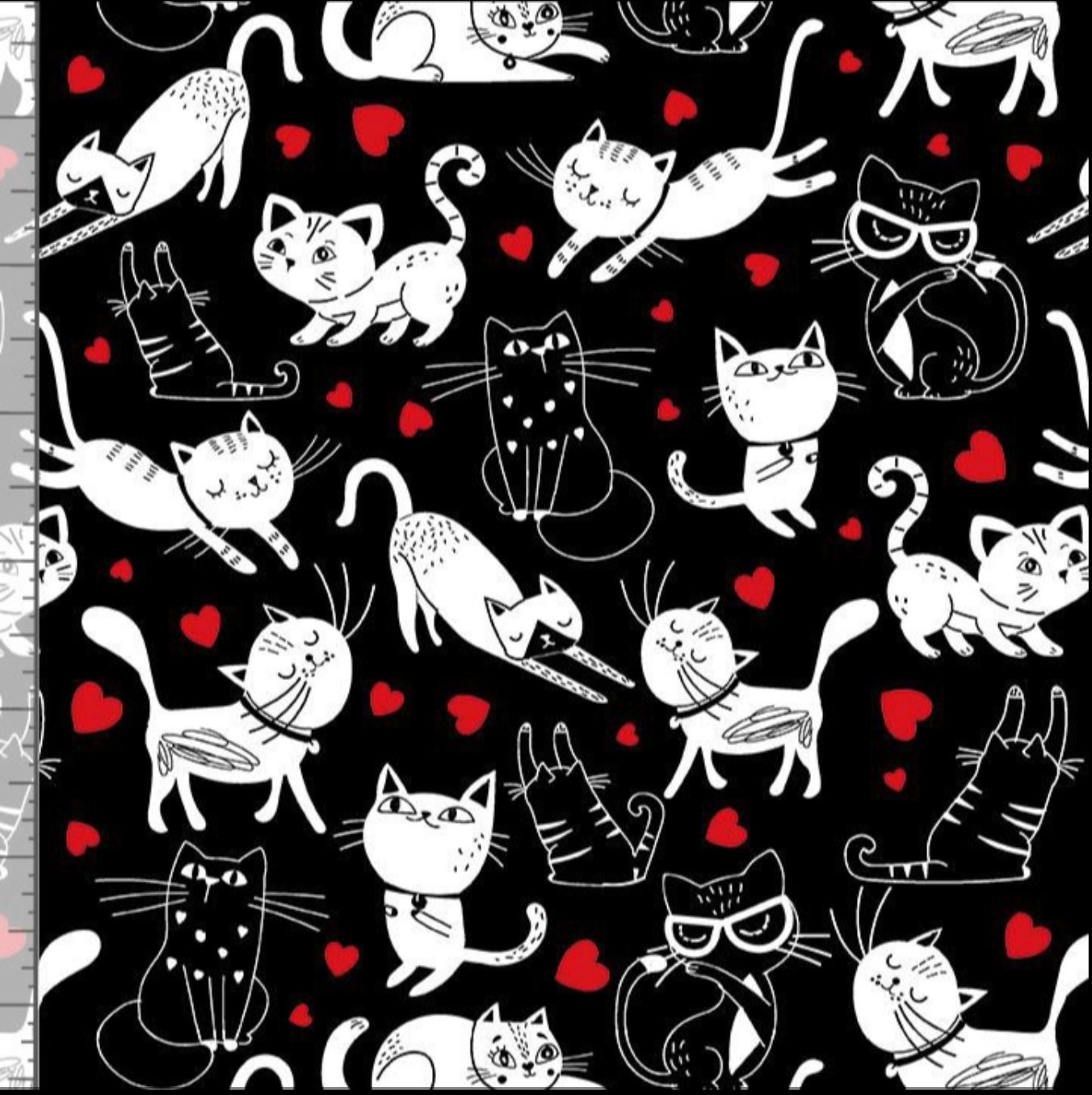 Black cotton fabric with whimsical black and white cats and red hearts by Timeless Treasures