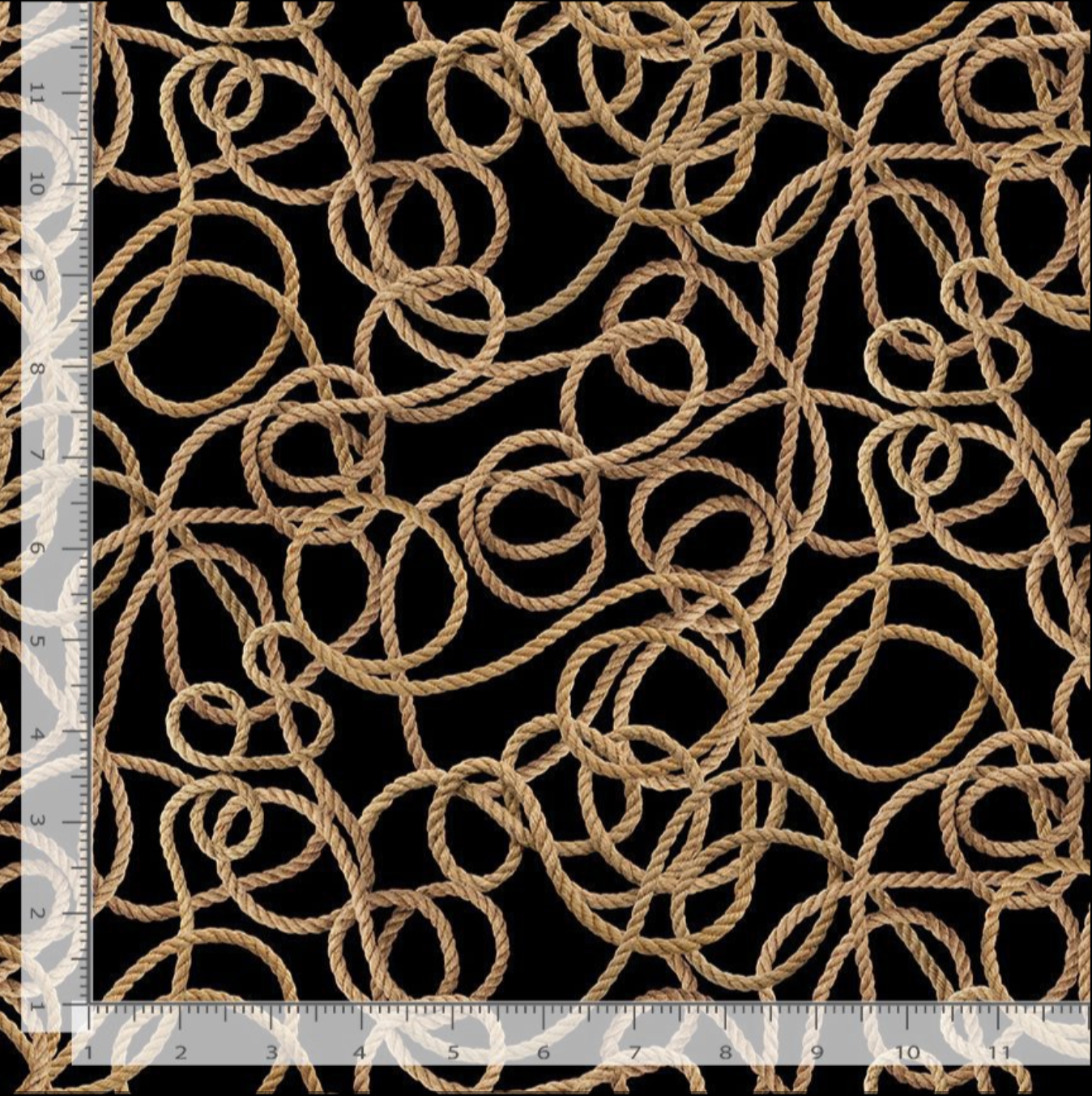 Western rope and lasso loop cotton fabric on black background by Timeless Treasures