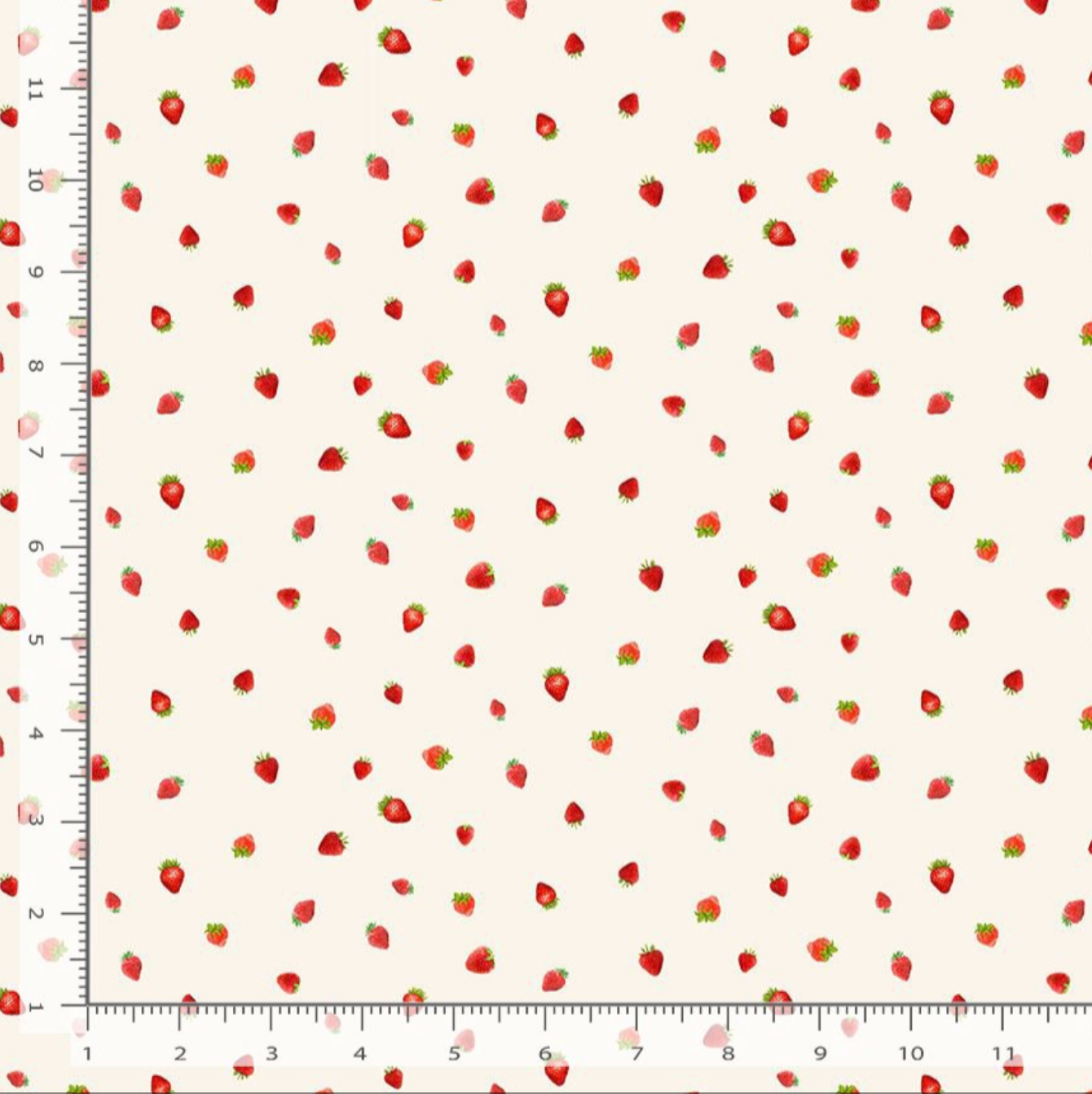 Tiny realistic strawberries scattered on cream cotton fabric by Timeless Treasures