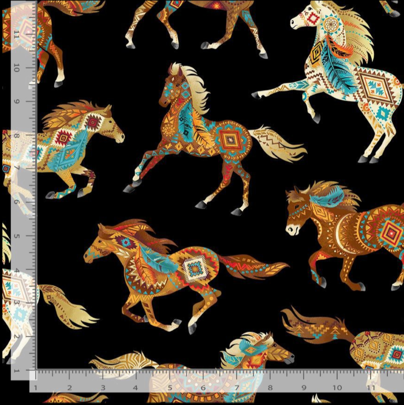 Southwestern horse fabric with tribal patterned horses on black background by Timeless Treasures