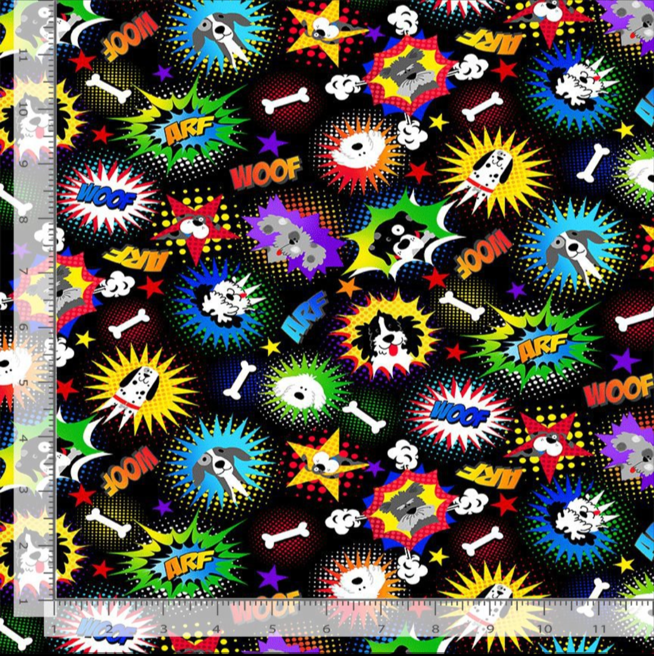 Comic-style dog fabric with colorful cartoon puppies, stars, bones, and woof words on black background