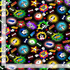 Comic-style dog fabric with colorful cartoon puppies, stars, bones, and woof words on black background