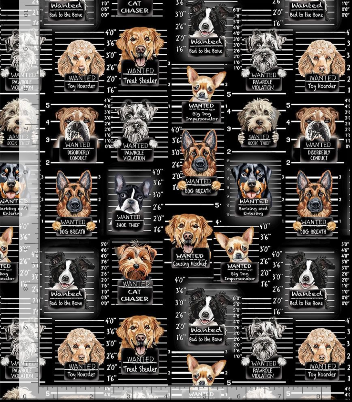 Dog-themed quilts, pet accessories, and gifts made with Dog Mugshots fabric by Gail Cadden for Timeless Treasures