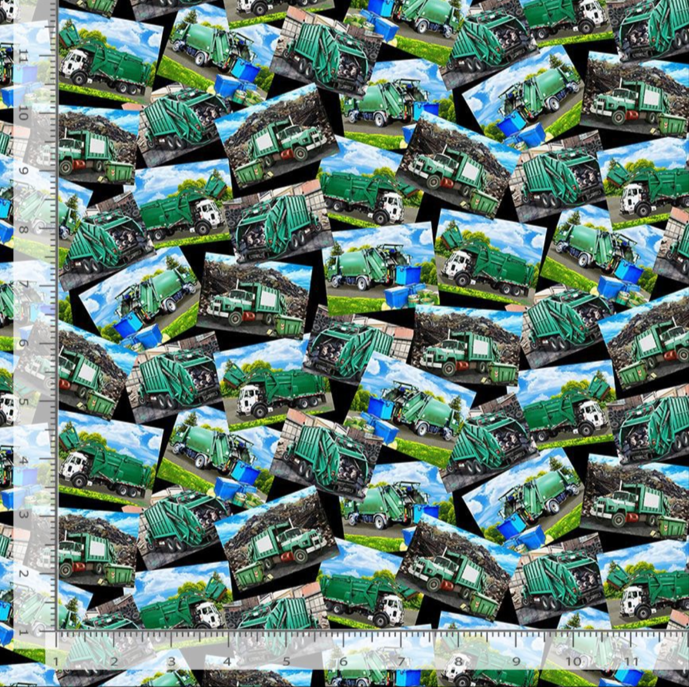 Realistic garbage trucks and sanitation vehicles collage fabric on black background