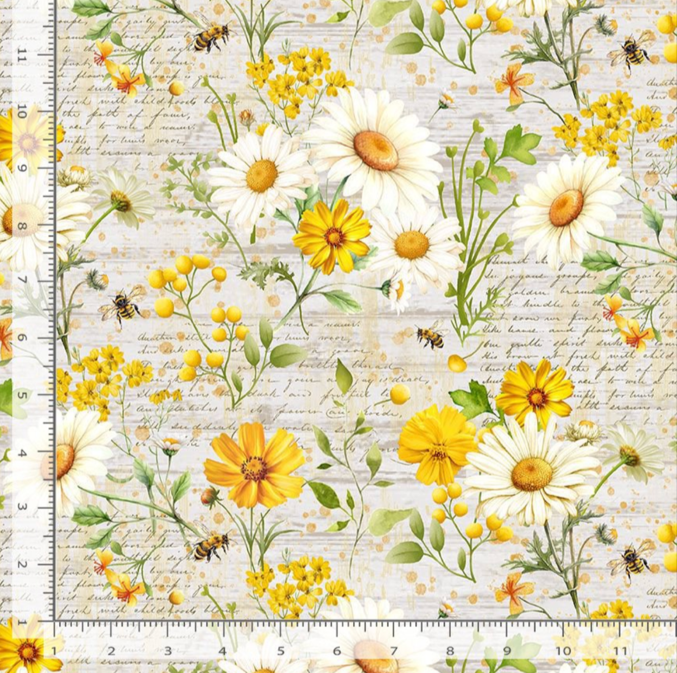 White daisies, yellow sunflowers, bees, and vintage script on beige cotton fabric