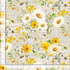 White daisies, yellow sunflowers, bees, and vintage script on beige cotton fabric