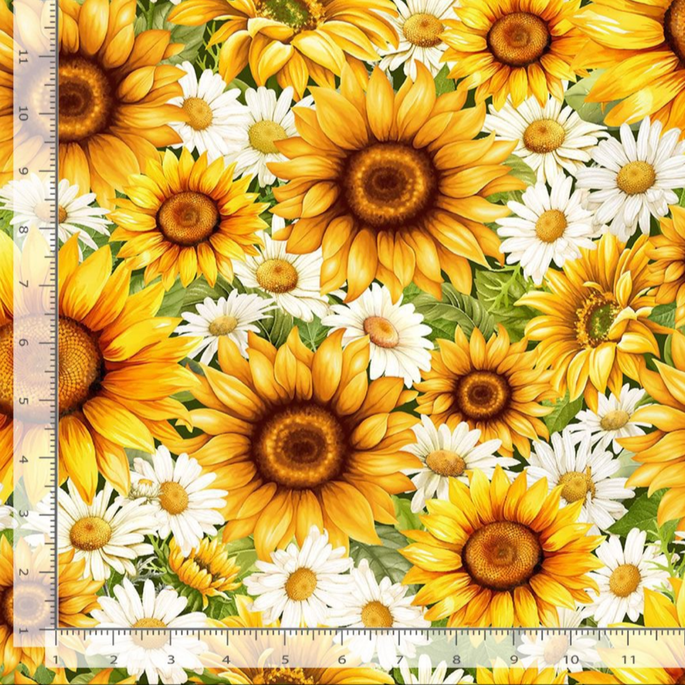 Packed golden sunflowers and white daisies floral cotton fabric by Timeless Treasures