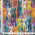 Colorful patchwork quilt cats fabric featuring artistic multicolor felines by Timeless Treasures