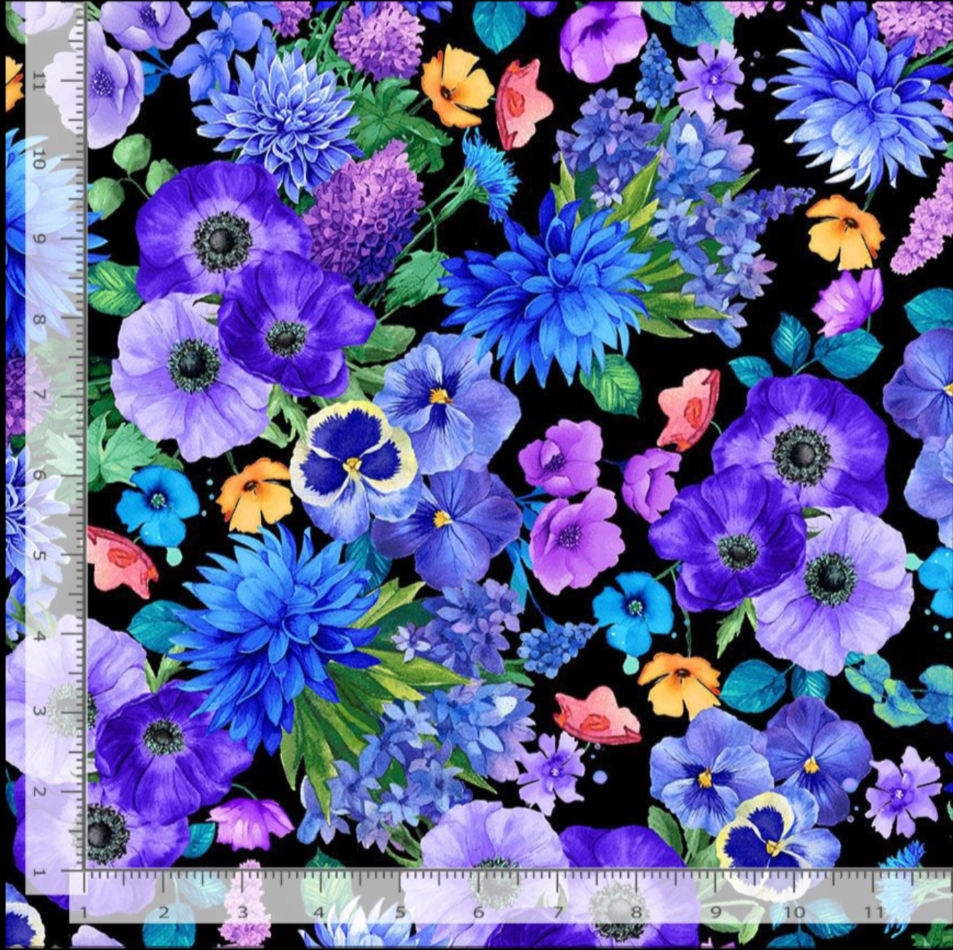 Purple, blue, and lavender wildflower bouquets packed across a black cotton fabric background