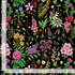 Detailed botanical flowers, foliage, and butterflies arranged on a black background in a vintage garden illustration style