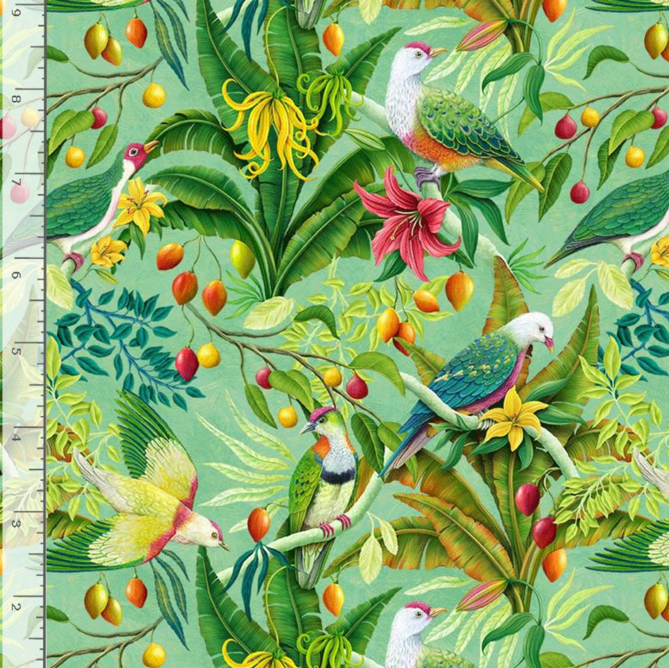 Colorful fruit doves perched among tropical flowers, fruits, and lush green foliage on an aqua background