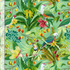 Colorful fruit doves perched among tropical flowers, fruits, and lush green foliage on an aqua background
