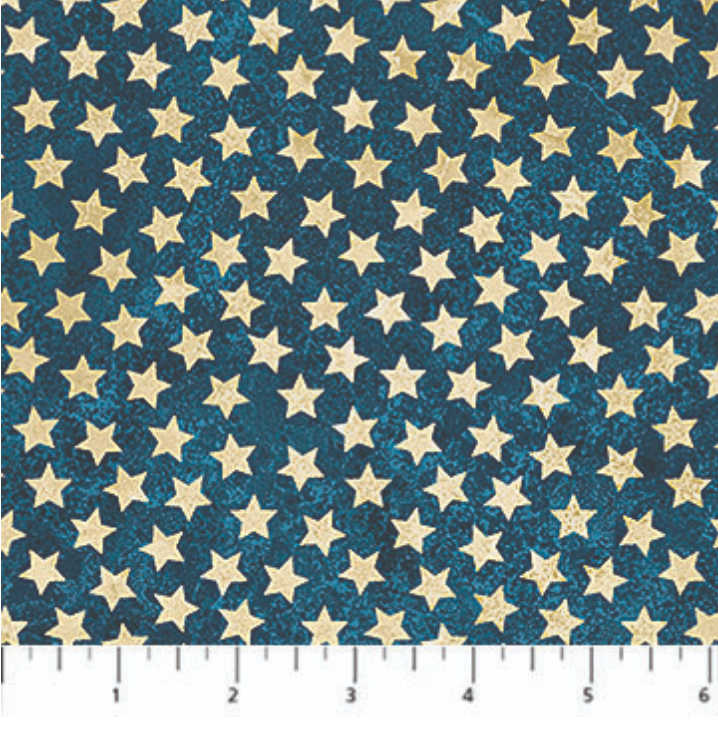 America 250 Stonehenge Stars Navy Beige quilting cotton fabric featuring cream stars on a textured navy blue background by Linda Ludovico for Northcott Fabrics.