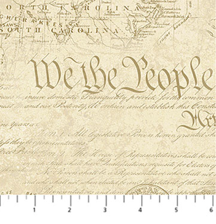 America 250 Stonehenge Map Beige quilting cotton fabric featuring antique maps, We The People text, and historical document motifs by Linda Ludovico for Northcott Fabrics.