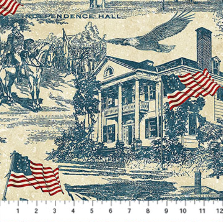 America 250 Stonehenge Toile Navy Beige fabric featuring historic American scenes, eagles, and waving American flags on a parchment background by Linda Ludovico for Northcott Fabrics.