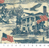 America 250 Stonehenge Toile Navy Beige fabric featuring historic American scenes, eagles, and waving American flags on a parchment background by Linda Ludovico for Northcott Fabrics.