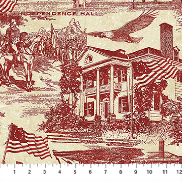 America 250 Stonehenge Toile Red Beige fabric featuring historic American landmarks, eagles, and American flags in cardinal red on a parchment beige background.