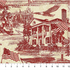 America 250 Stonehenge Toile Red Beige fabric featuring historic American landmarks, eagles, and American flags in cardinal red on a parchment beige background.