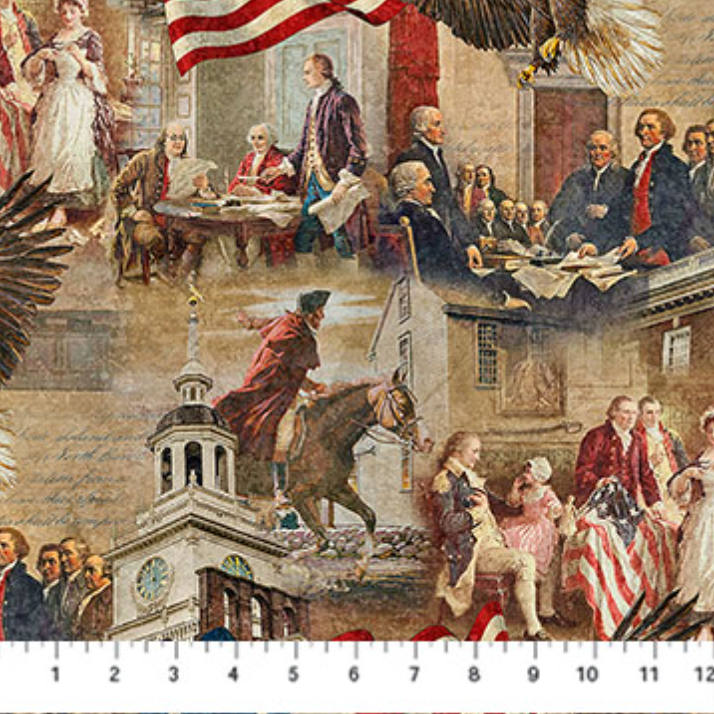 America 250 Independence Beige Multi fabric featuring Declaration of Independence scenes, Founding Fathers, colonial architecture, and patriotic American imagery.