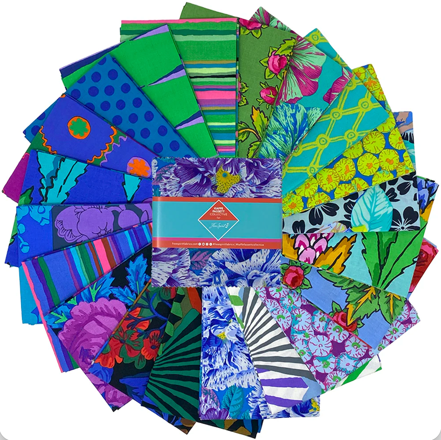 Kaffe Fassett Collective February 2026 Cool Charm Pack featuring vibrant 5-inch fabric squares in blue, purple, teal, green, and aqua prints.