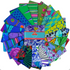 Kaffe Fassett Collective February 2026 Cool Charm Pack featuring vibrant 5-inch fabric squares in blue, purple, teal, green, and aqua prints.