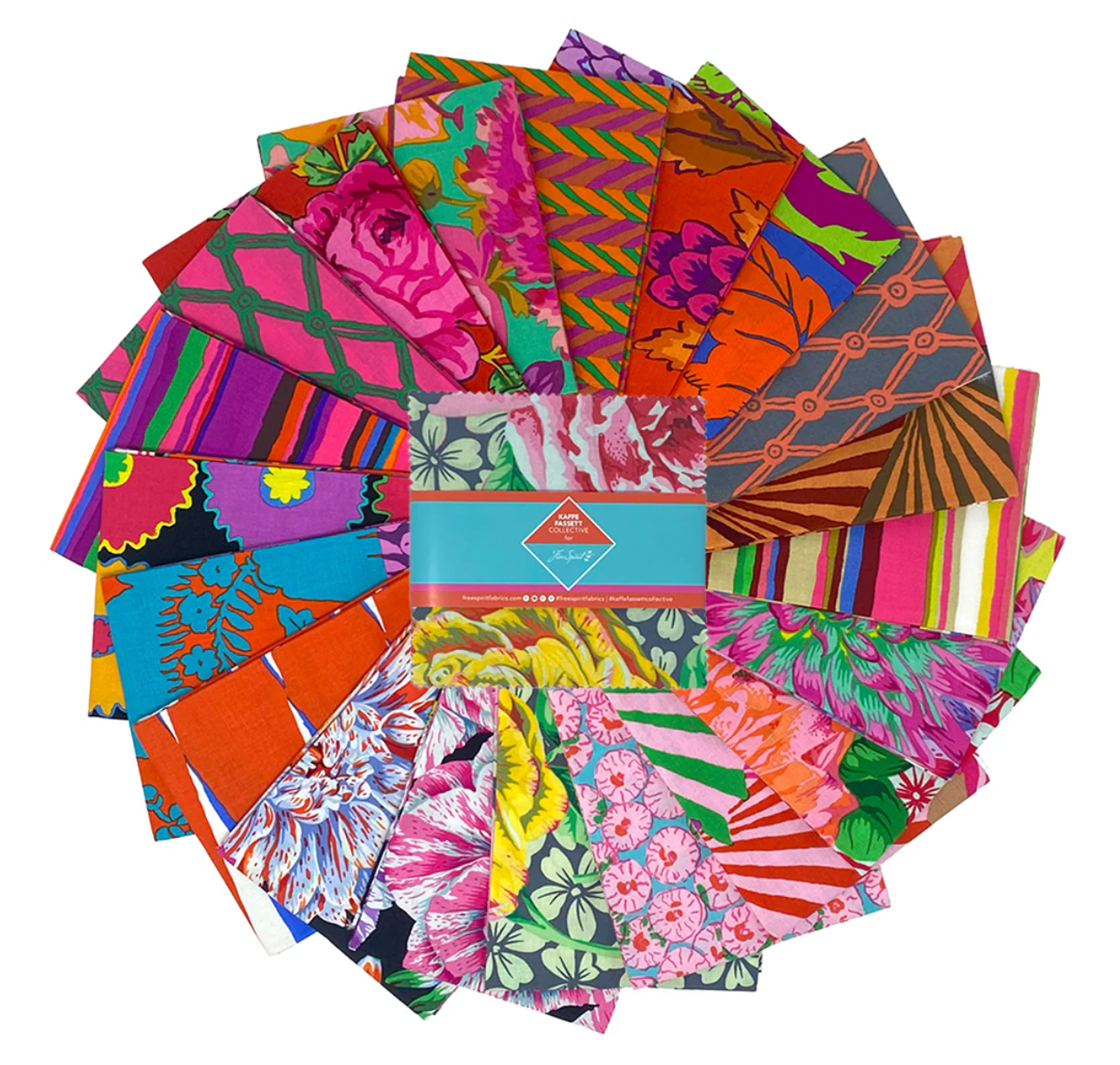 Kaffe Fassett Collective February 2026 Warm Charm Pack featuring 42 colorful 5-inch fabric squares in pink, orange, red, coral, and floral prints.