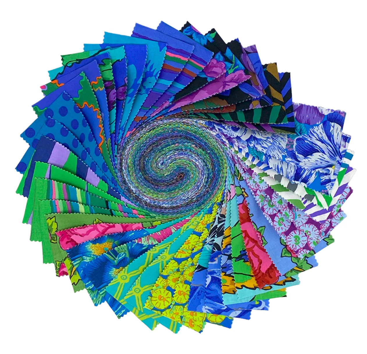 Kaffe Fassett Collective February 2026 Cool Design Roll featuring 40 coordinated 2.5-inch fabric strips in blue, teal, purple, green, and floral prints.