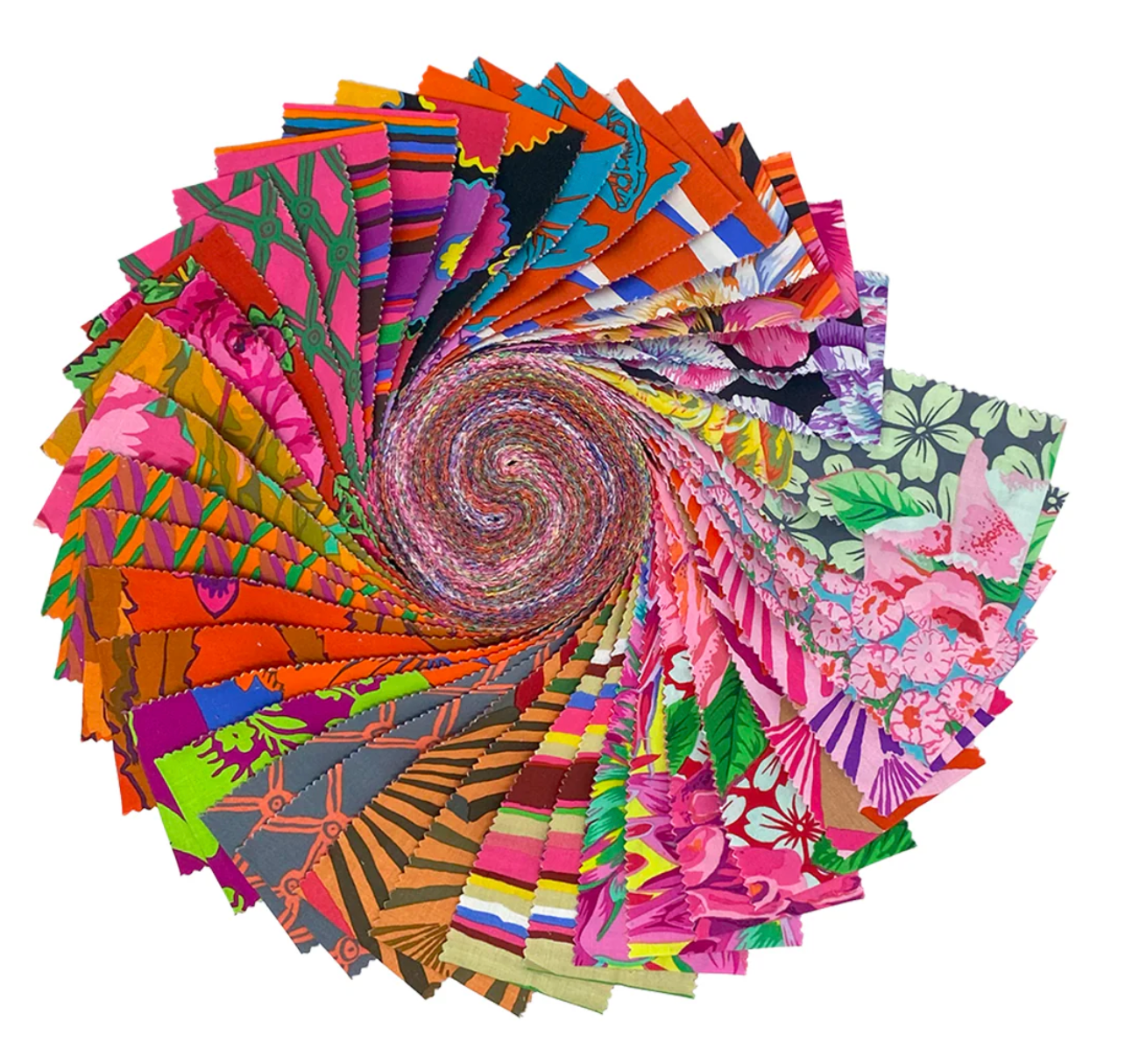 Kaffe Fassett Collective February 2026 Warm Design Roll featuring 40 coordinated 2.5-inch fabric strips in pink, orange, coral, red, and floral prints.