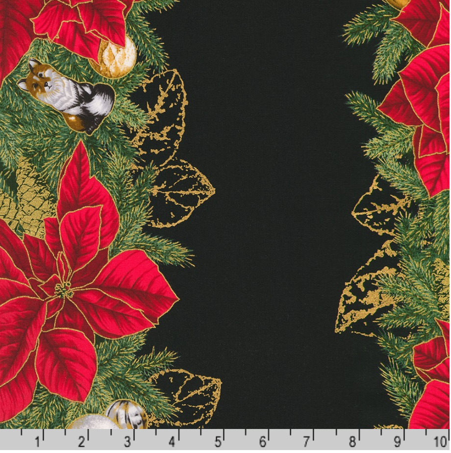 Elegant Christmas quilt featuring Holiday Flourish Forest Glen poinsettia stripe fabric with festive holiday colors and metallic details.