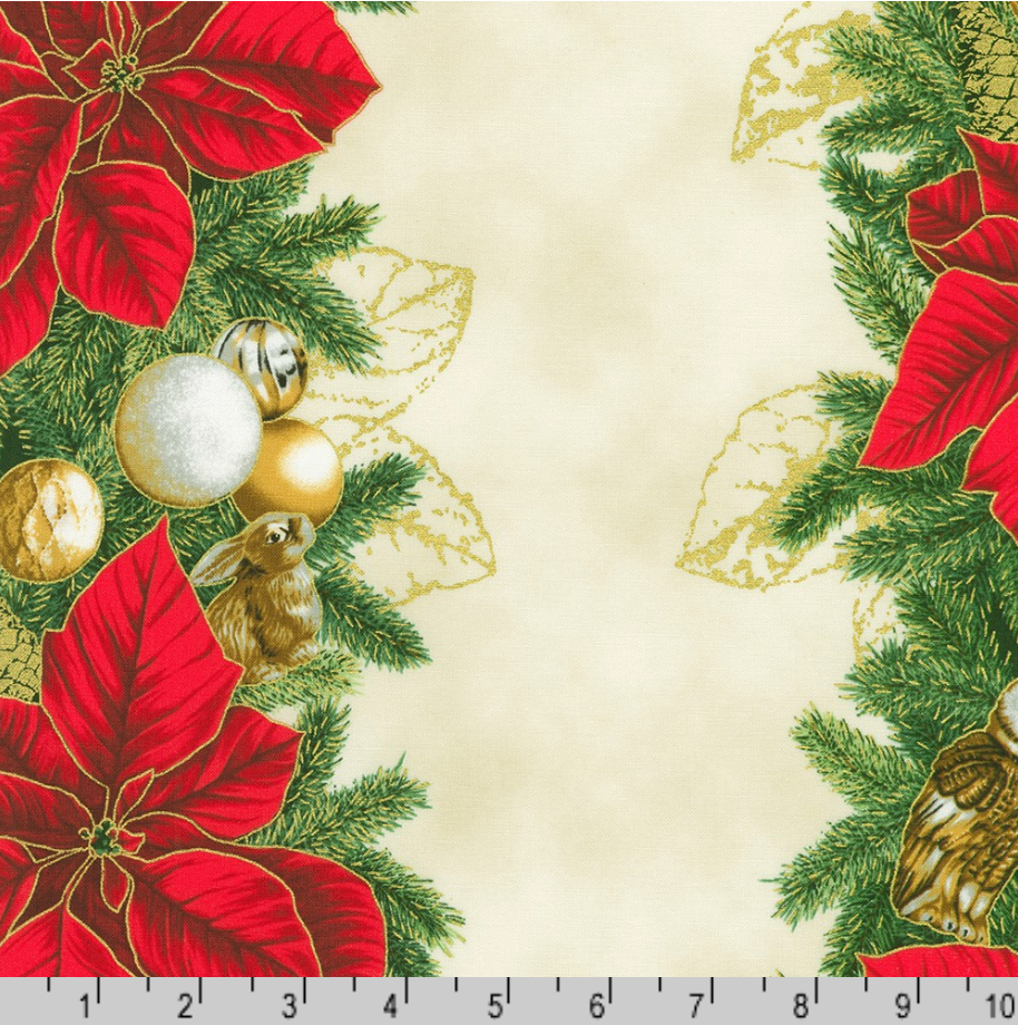 Holiday Flourish Forest Glen cream fabric with red poinsettias, evergreen garlands, ornaments, woodland animals and metallic gold accents.