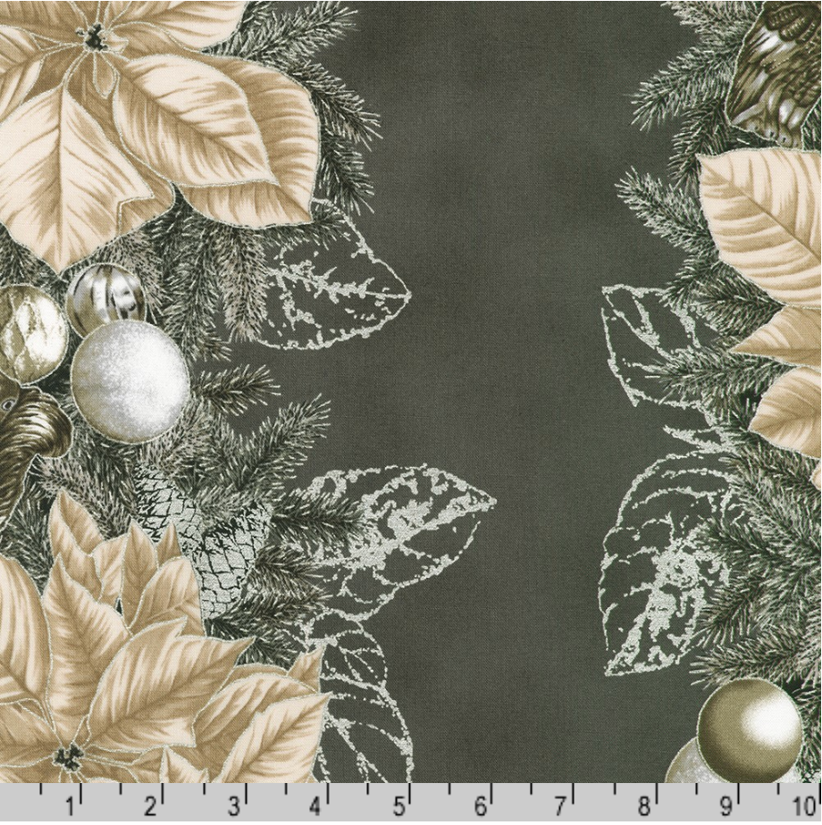 Holiday Flourish Forest Glen charcoal fabric with ivory poinsettias, evergreen garlands, ornaments and metallic accents in vertical stripes.