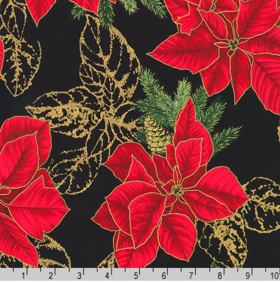 Holiday Flourish Forest Glen black fabric featuring large red poinsettias, evergreen branches, pinecones and metallic gold accents.