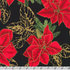 Holiday Flourish Forest Glen black fabric featuring large red poinsettias, evergreen branches, pinecones and metallic gold accents.
