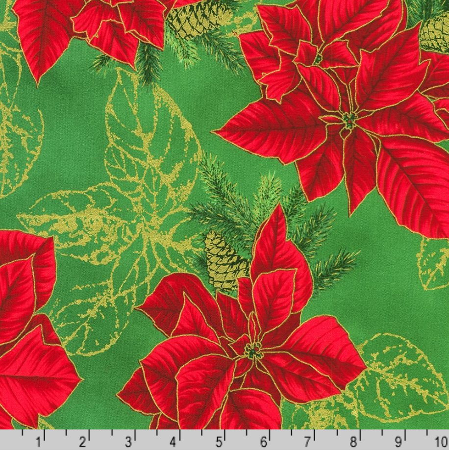 Holiday Flourish Forest Glen sage green fabric featuring red poinsettias, pinecones, evergreen branches, and metallic gold accents.
