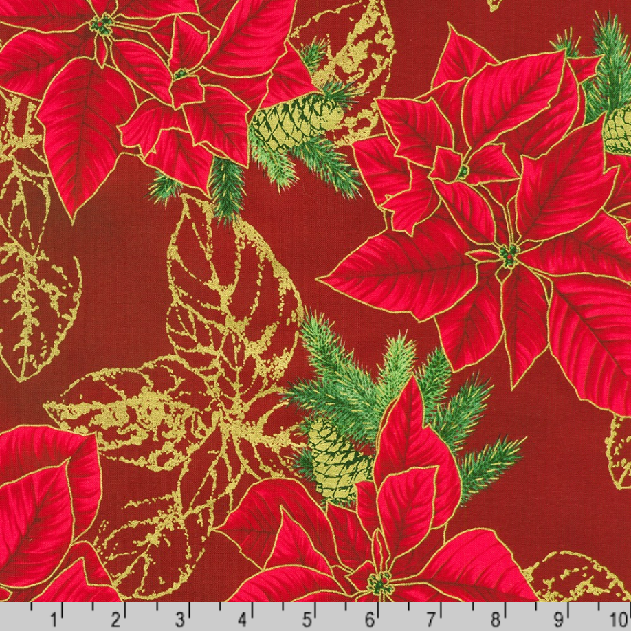 Holiday Flourish Forest Glen cranberry red fabric featuring poinsettias, evergreen branches, pinecones, and metallic gold accents.