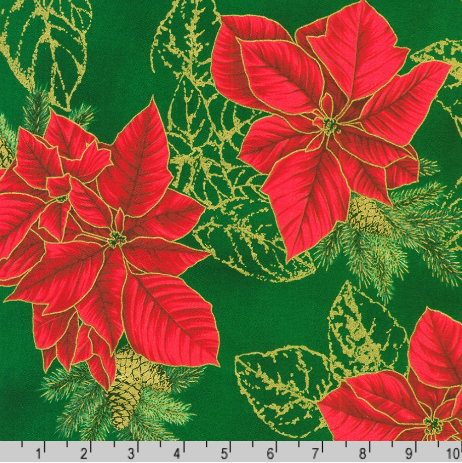 Holiday Flourish Forest Glen evergreen green fabric featuring red poinsettias, pinecones, evergreen branches, and metallic gold accents.