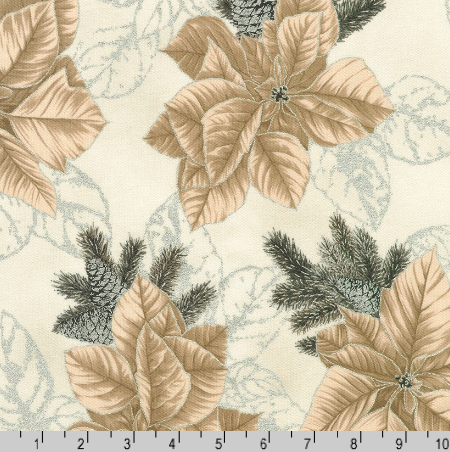 Holiday Flourish Forest Glen cream fabric featuring ivory poinsettias, pinecones, evergreen branches, and metallic silver accents.