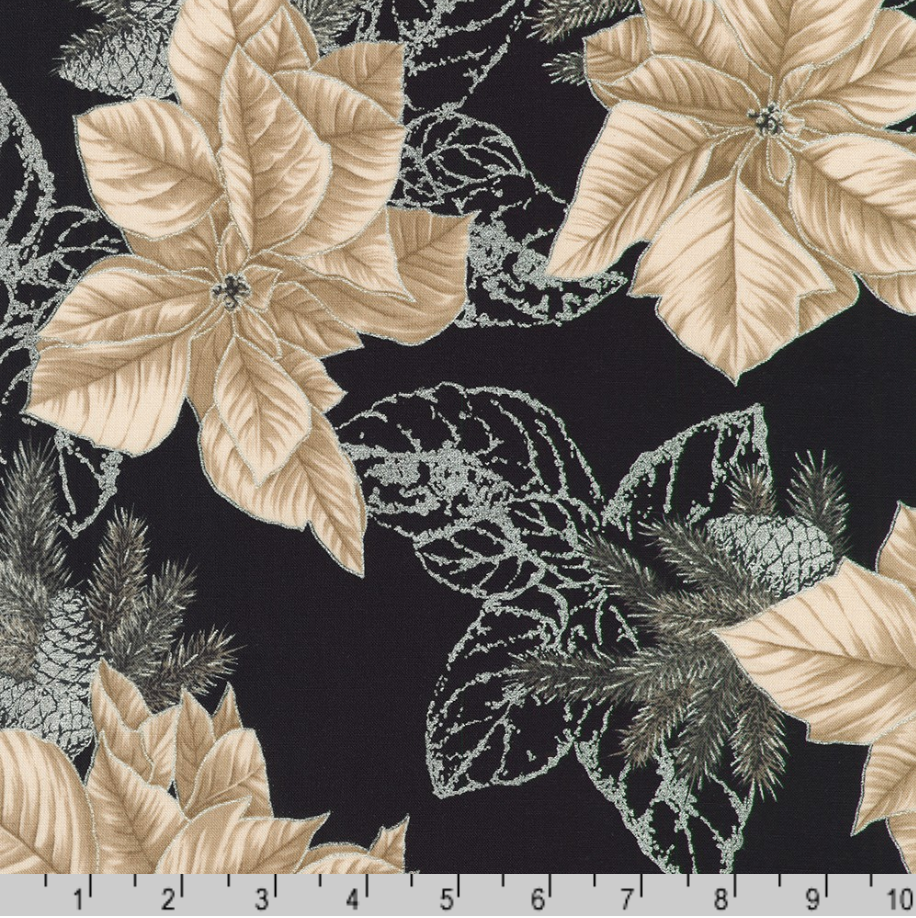 Holiday Flourish Forest Glen black fabric featuring ivory poinsettias, pinecones, evergreen branches, and metallic silver accents.