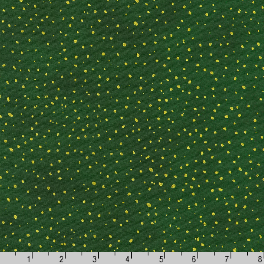Holiday Flourish Forest Glen evergreen green fabric featuring scattered metallic gold dots on a rich holiday green background.