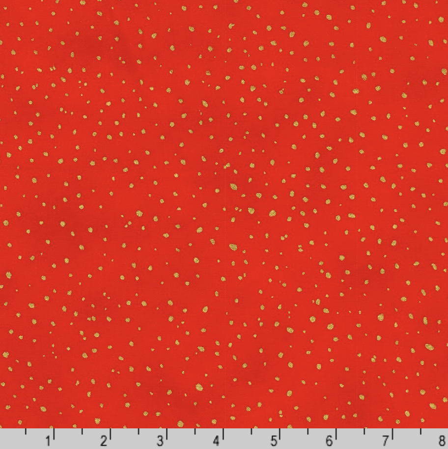 Holiday Flourish Forest Glen crimson red fabric featuring scattered metallic gold dots on a rich holiday red background.
