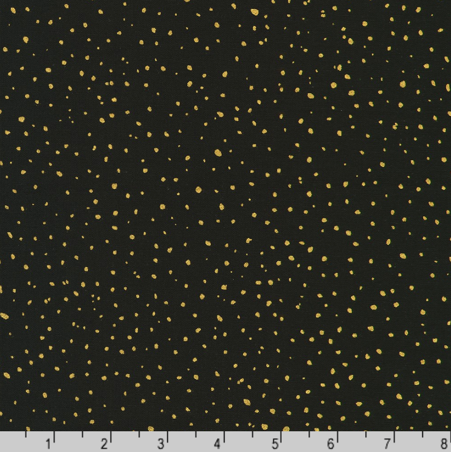 Holiday Flourish Forest Glen black fabric featuring scattered metallic gold dots on a rich shadow background.
